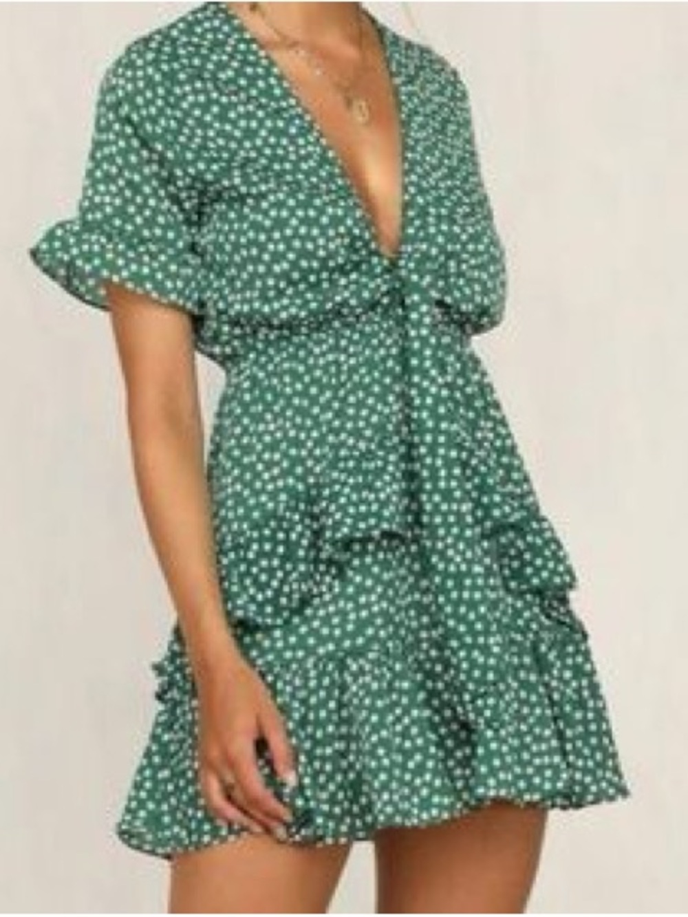 Zoey Reva Green Floral Mini Dress V-Neck Tiered Size Medium